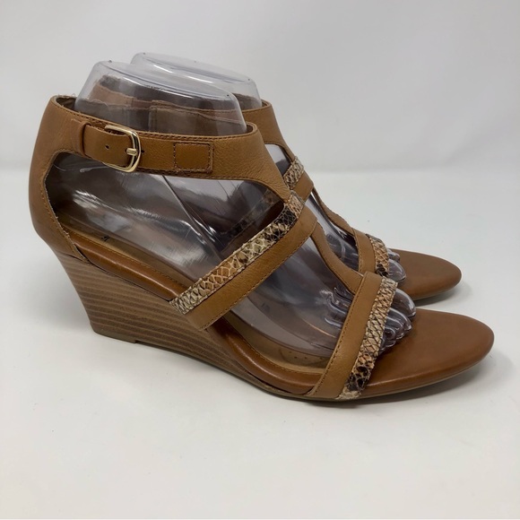Sofft Pippa Brown Leather Wedge Heels Snake Print Adjustable Buckle Open Toe - Picture 3 of 10